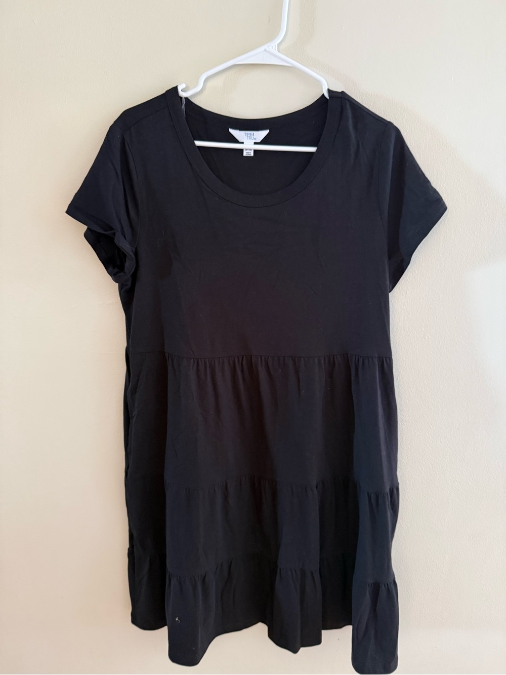 Black Tiered Short-Sleeve Dress with Pockets